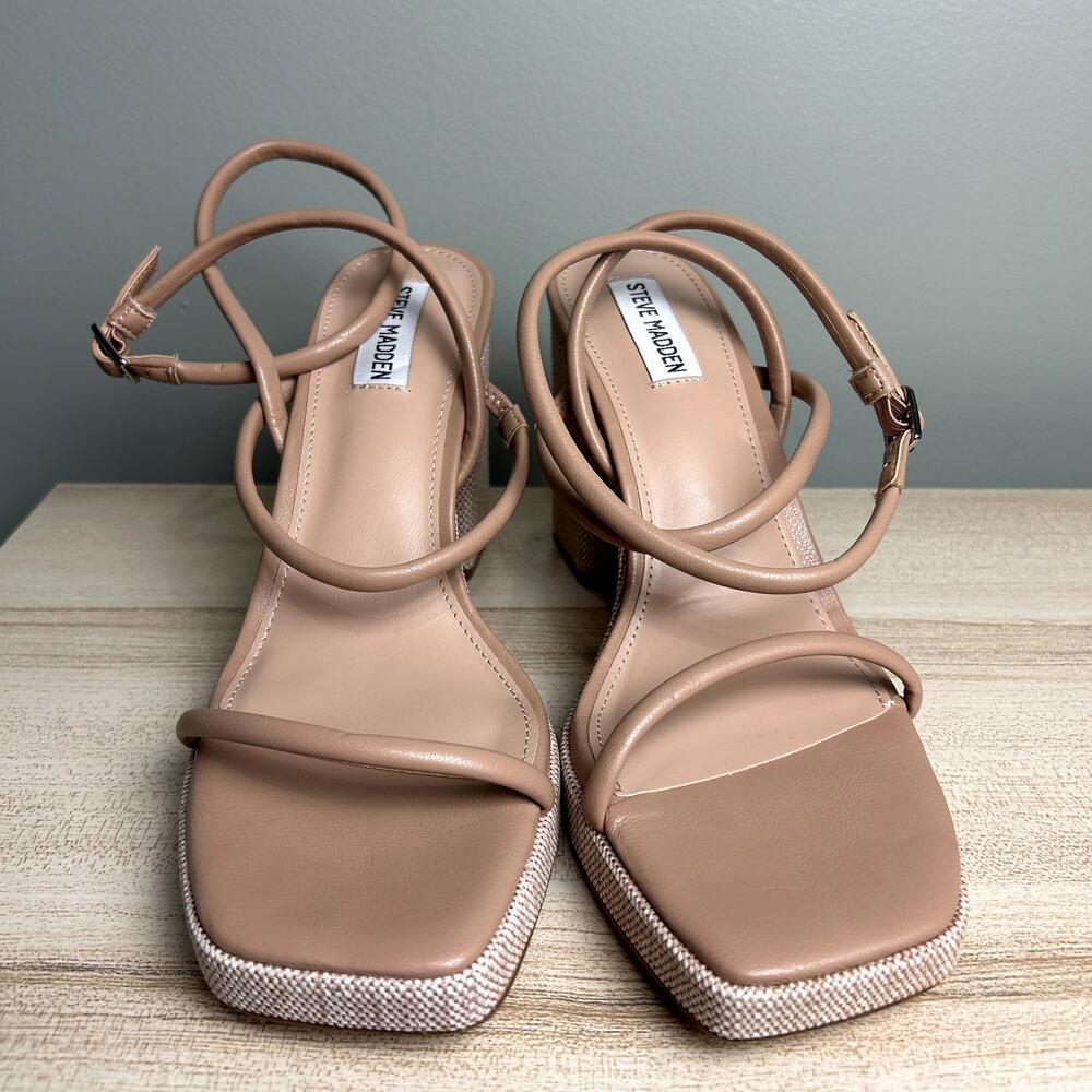 Steve Madden Pennie Tan Brown Faux Leather Strappy Block Heels Sandals size 9.5 - Picture 9 of 12
